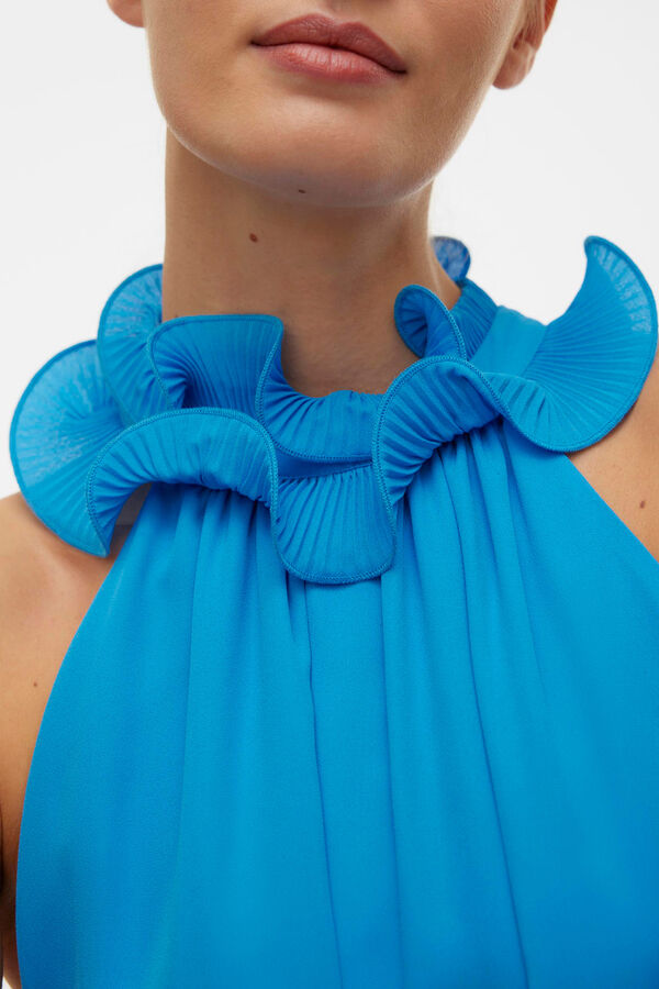 Cortefiel Vestido curto com gola halter e detalhe de flor  Azul
