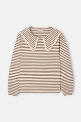 Silbon T-shirt de manga comprida com gola bobo &agrave;s riscas Ecru
