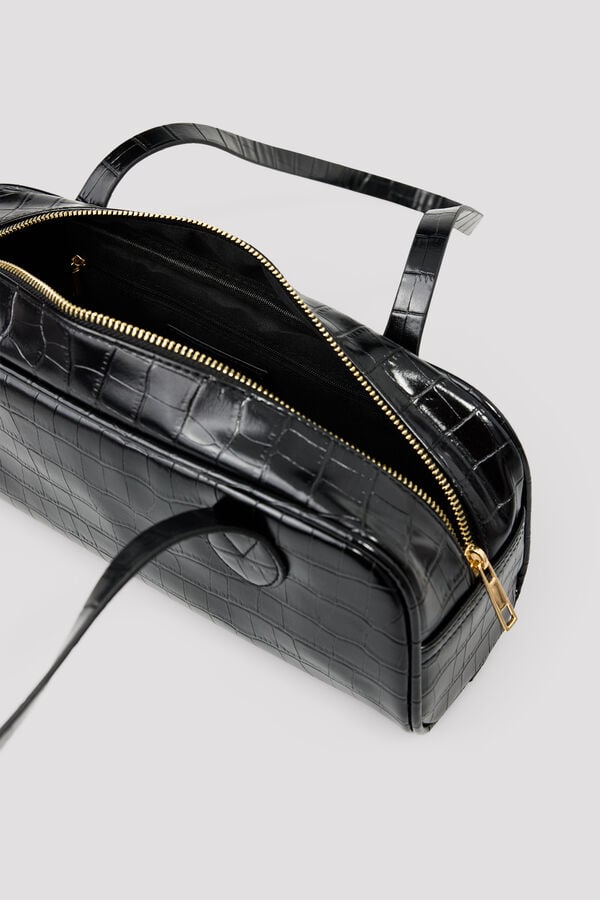 Cortefiel Crocodile effect baguette handbag Black