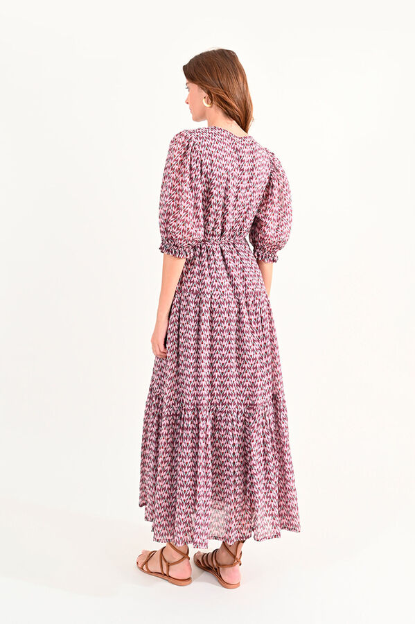 Cortefiel Long printed dress with tie detail and ruffles Multicolour