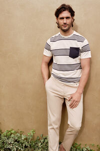 Cortefiel Striped T-shirt with pocket Ivory