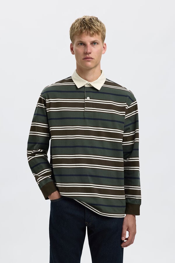 Selected Polo estilo rugby 100% algodón orgánico. Verde oscuro