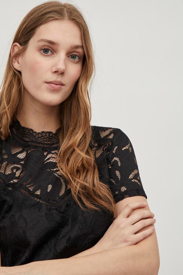 Cortefiel Short-sleeved lace top Black