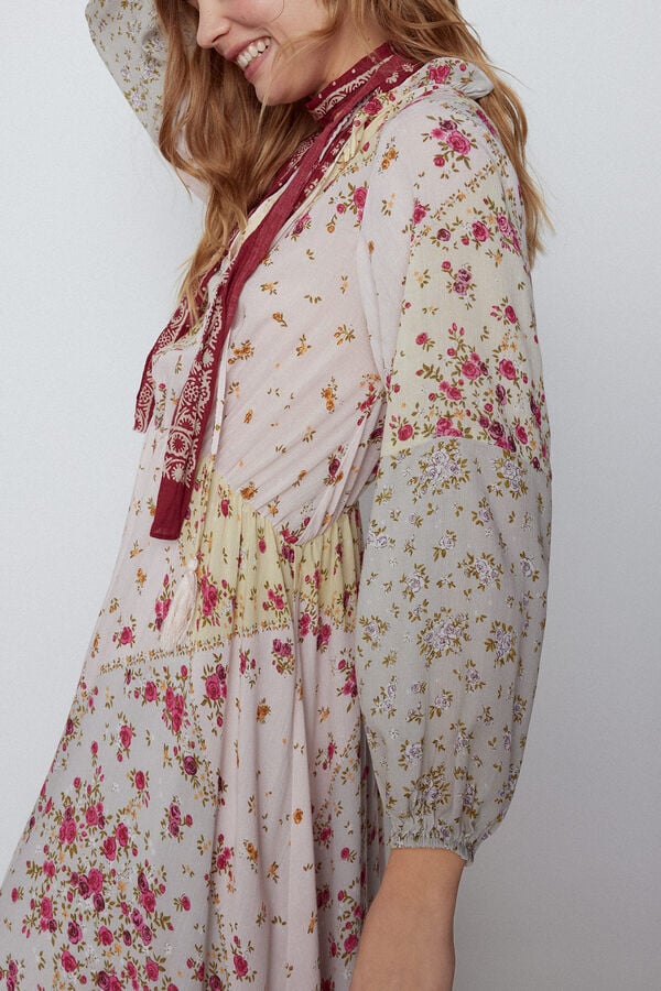 Cortefiel Vestido estampado patchwork floral Natural