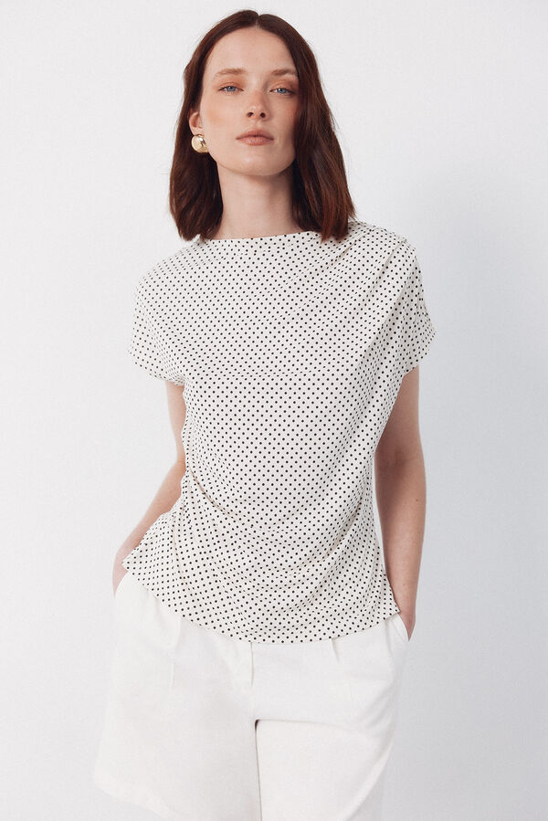 Cortefiel Pleated short sleeve top Printed white