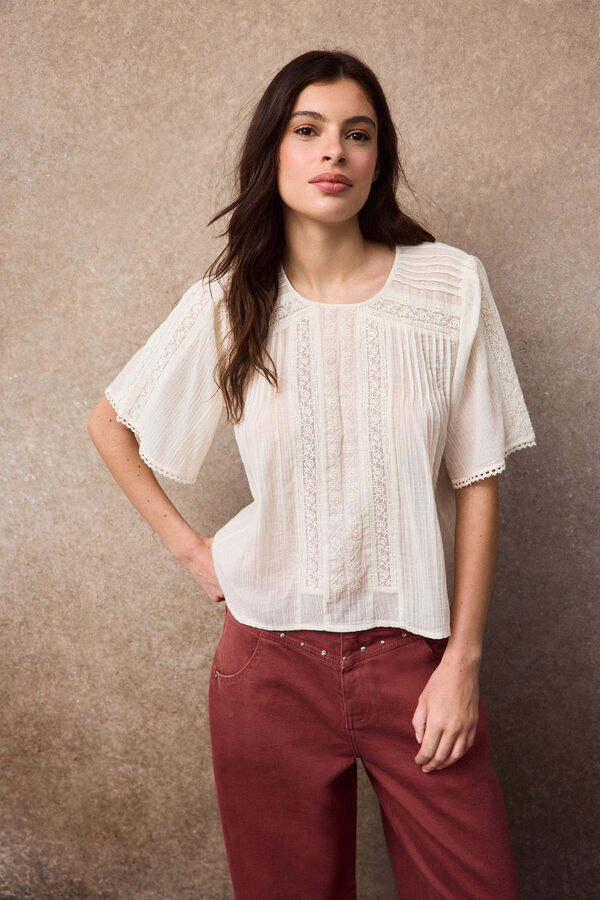 Slowlove Blusa com detalhes de renda Ecru