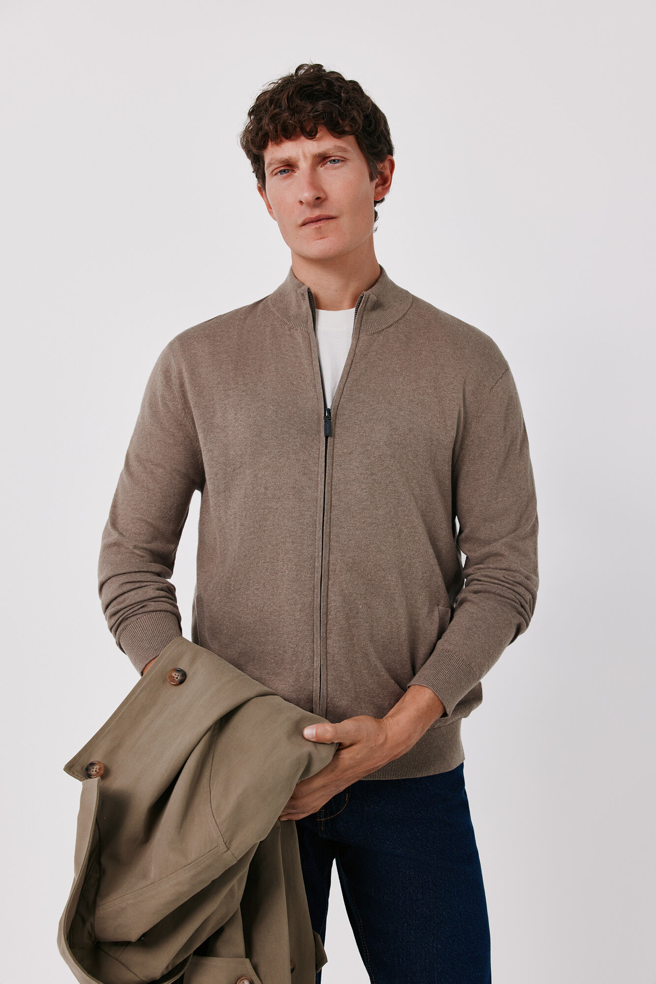 Cortefiel Cotton cashmere knit zip fastening cardigan