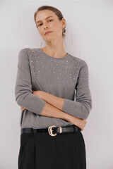 Cortefiel T-shirt with pearl and rhinestone details Grey