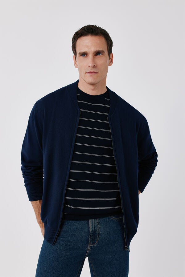 Cortefiel Cotton fine knit zip fastening cardigan Navy