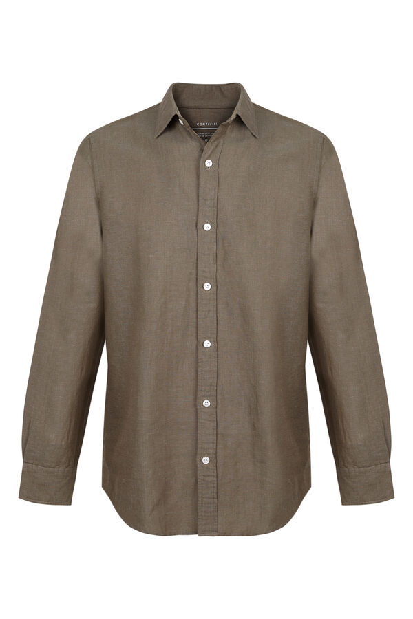 Cortefiel Plain linen/cotton shirt Kaki