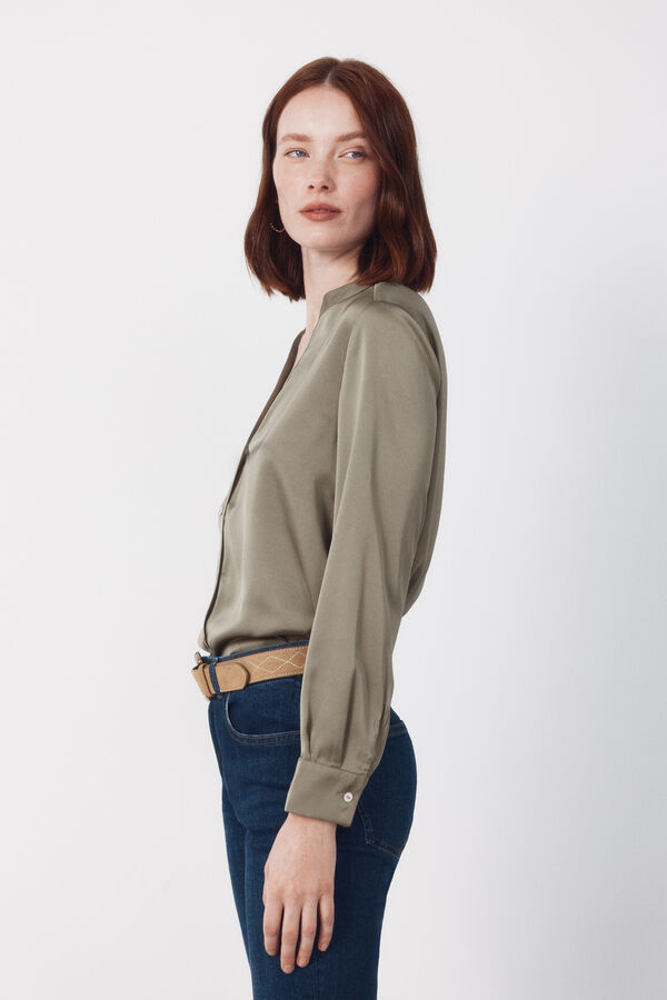 Cortefiel Printed satin mandarin shirt Kaki