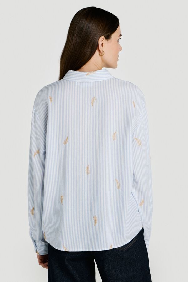 Vila Camisa com bordados de algod&atilde;o e viscose Azul