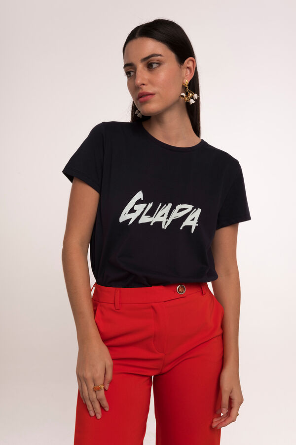 Cortefiel Short-sleeved 'Guapa' (Beautiful) T-shirt Navy