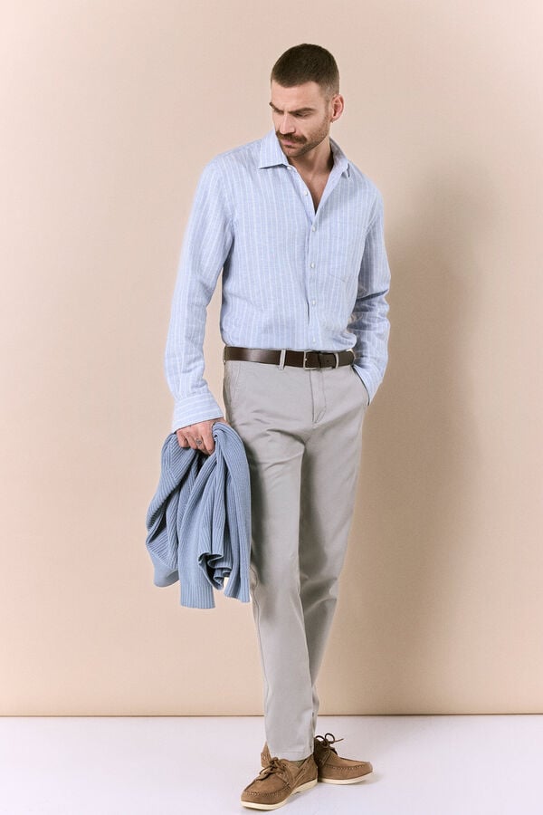 OOTO Camisa em algod&atilde;o e linho &agrave;s riscas Azul