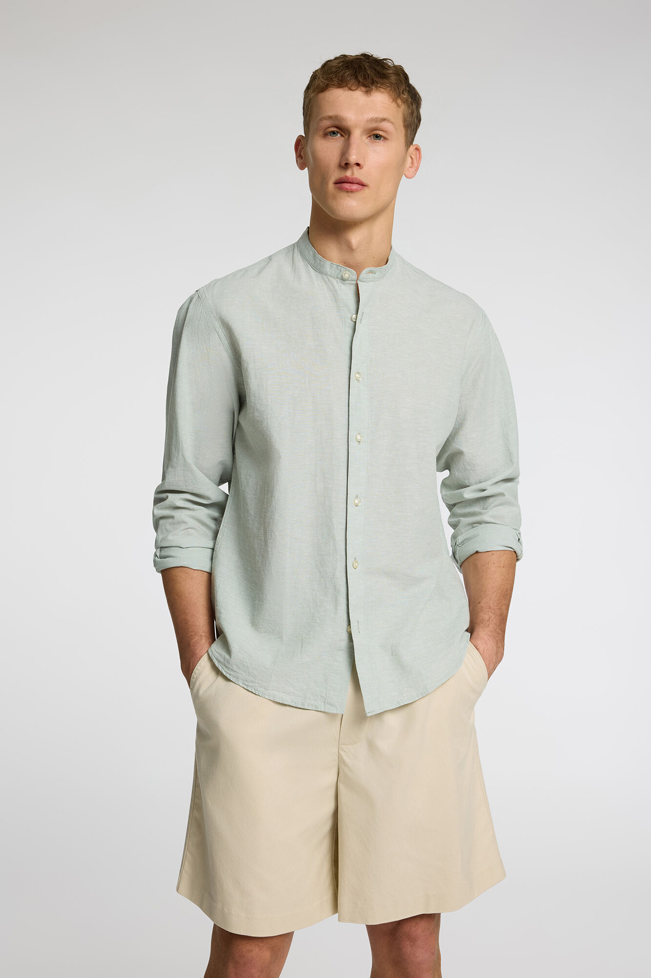Selected linen shirt with mandarin collar