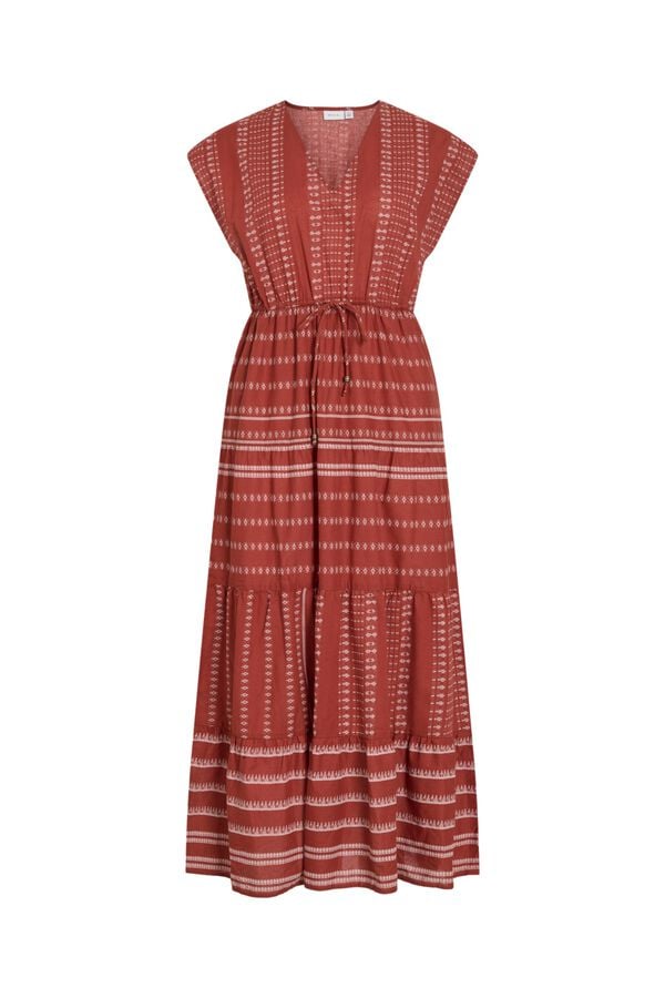Vila Vestido midi em algod&atilde;o org&acirc;nico com estampado &eacute;tnico Vermelho
