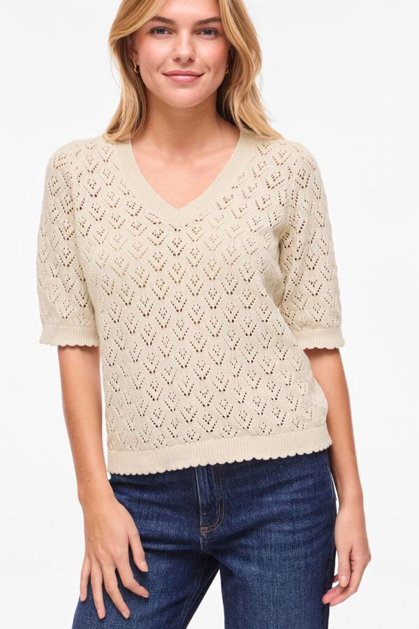 Vila Cotton openwork knit top Beige