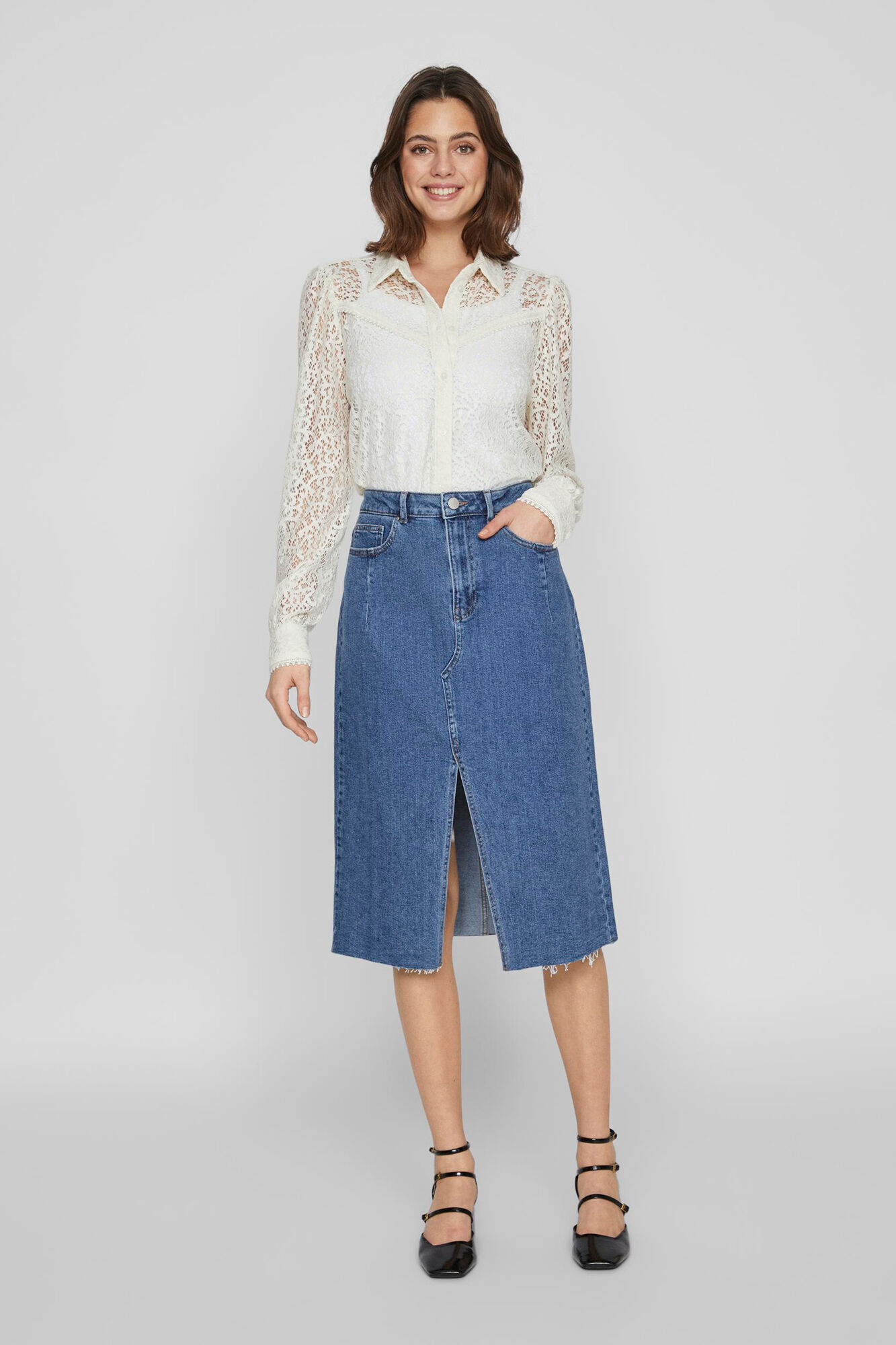 Knee length button down denim skirt best sale