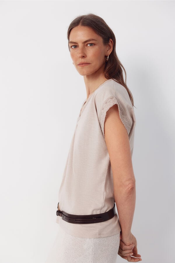 Cortefiel Slub t-shirt with trim Beige