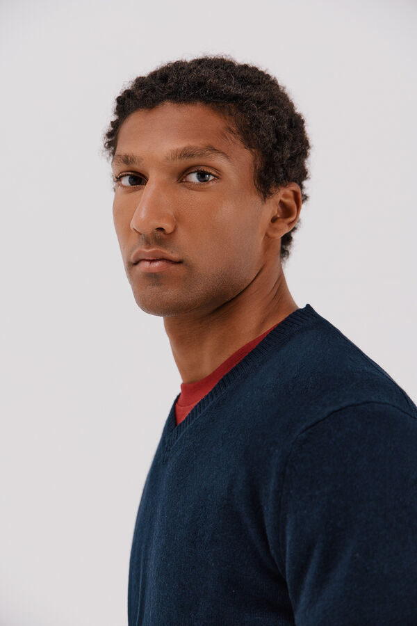 Cortefiel Lambswool round V wool sweater Navy