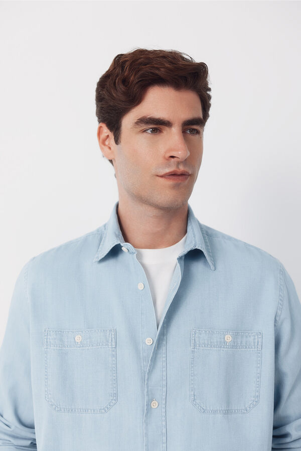 Cortefiel Denim chambray long sleeve shirt Blue