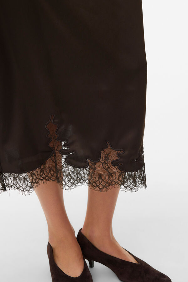 Vero Moda Satin-finish midi skirt with lace Dark brown