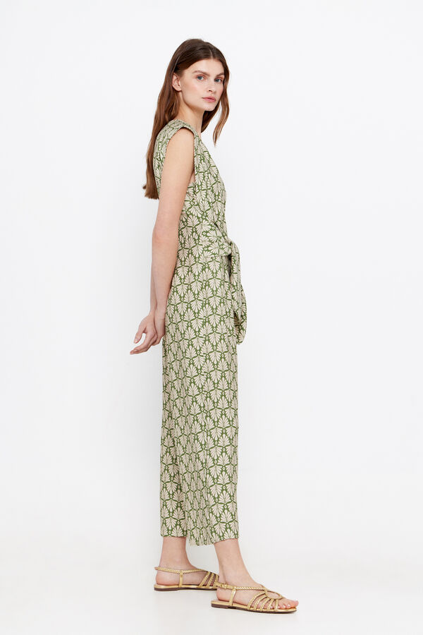 Cortefiel Long jumpsuit with knot detail Printed green