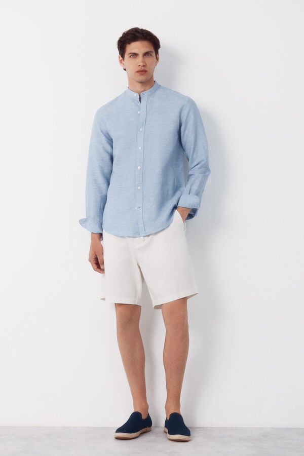 Cortefiel Plain linen cotton mandarin collar shirt Blue