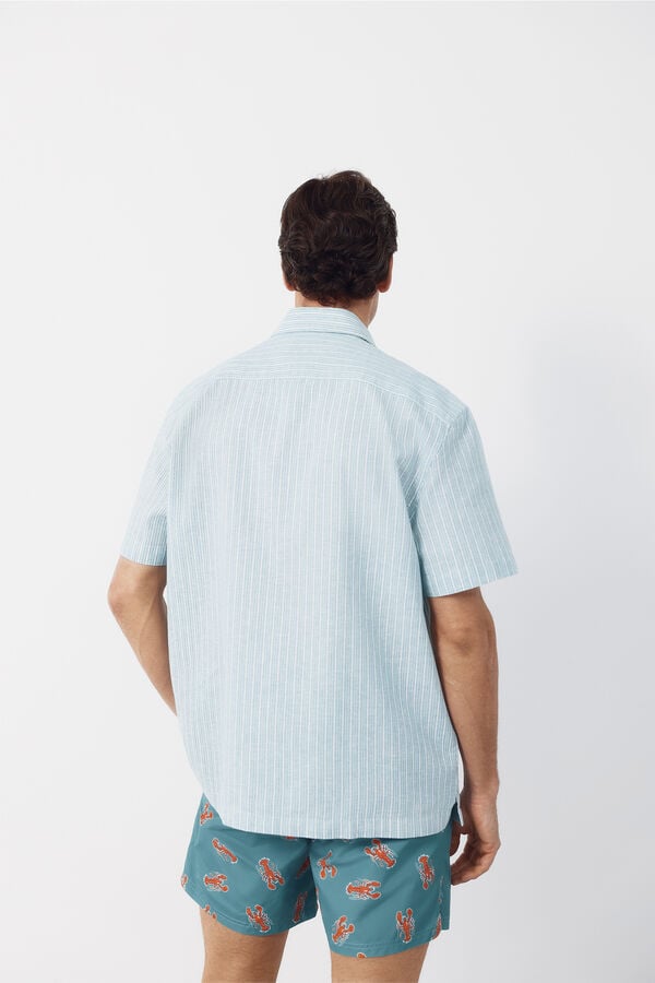 Cortefiel Striped cotton linen short sleeve shirt Turquoise