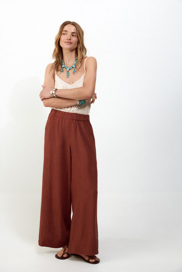 Slowlove Pantal&oacute;n ancho de lino lavado Castanho