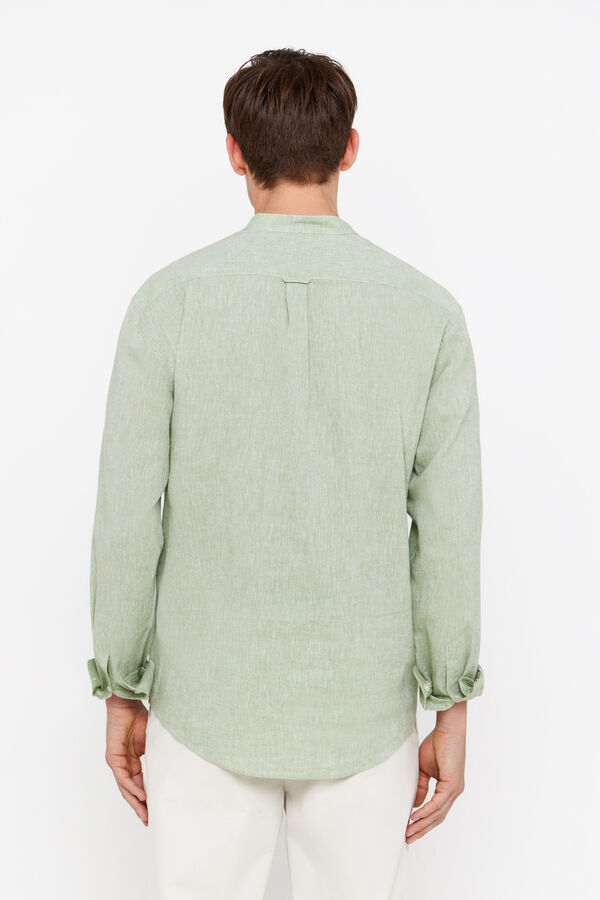 Cortefiel Linen and cotton polo shirt with mandarin collar Dark green