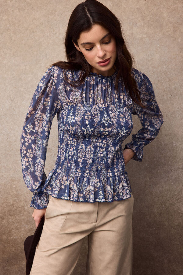 Slowlove Top tul estampado fruncido Estampado azul