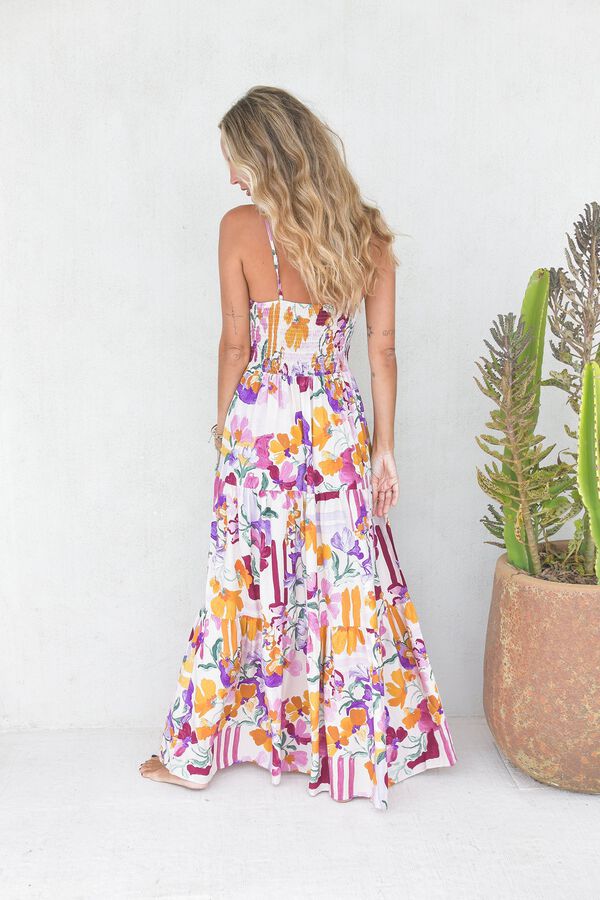 Jaase Vestido comprido com detalhe de la&ccedil;ada Impress&atilde;o