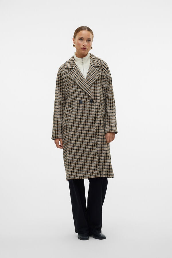 Cortefiel Long checked coat Nude