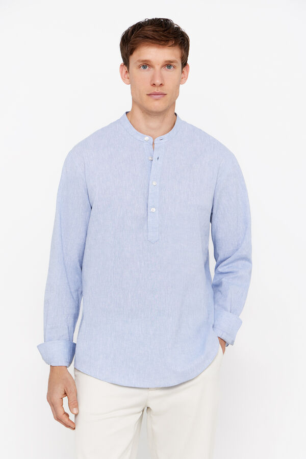Cortefiel Linen and cotton polo shirt with mandarin collar Blue