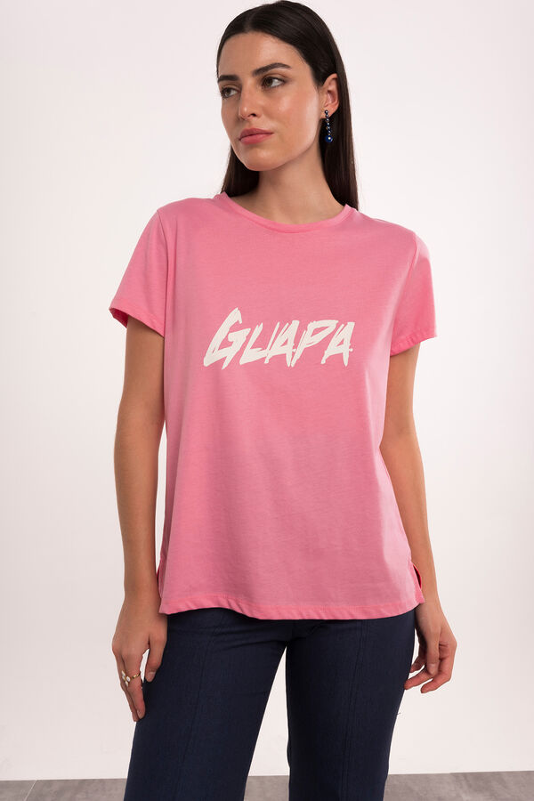 Cortefiel Short-sleeved 'Guapa' (Beautiful) T-shirt Pink