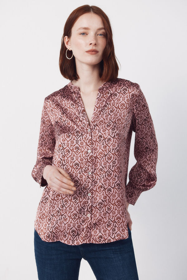 Cortefiel Printed satin mandarin shirt Printed purple