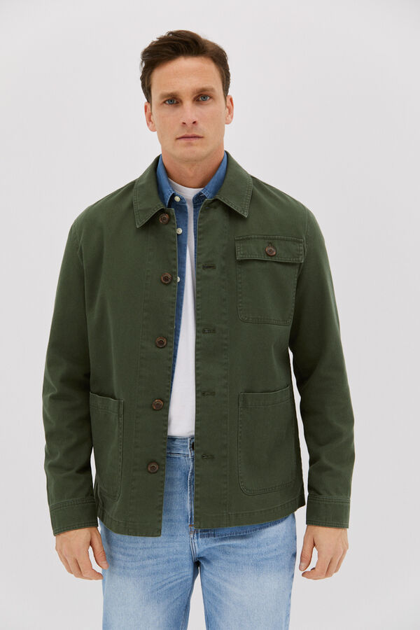 Cortefiel Washed cotton button-up jacket Green