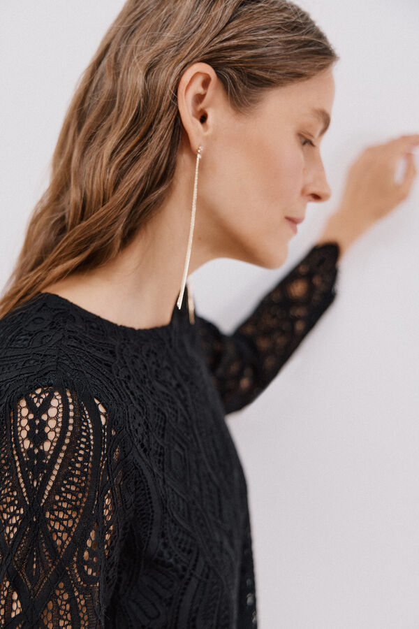 Cortefiel long sleeve guipure top Black