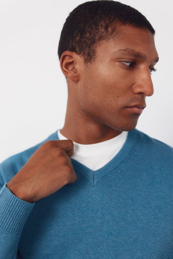 Cortefiel Basic cotton V neck knit jersey-knit Blue