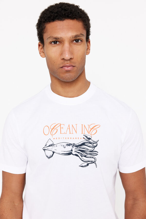 Cortefiel Camiseta gráfica calamar Blanco