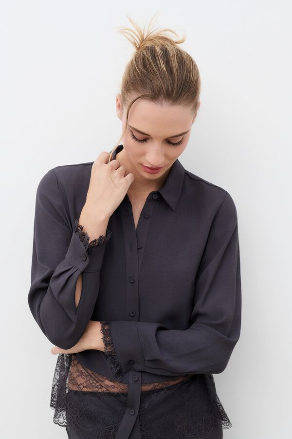 Caroll Blusa acetinada com renda Cinzento