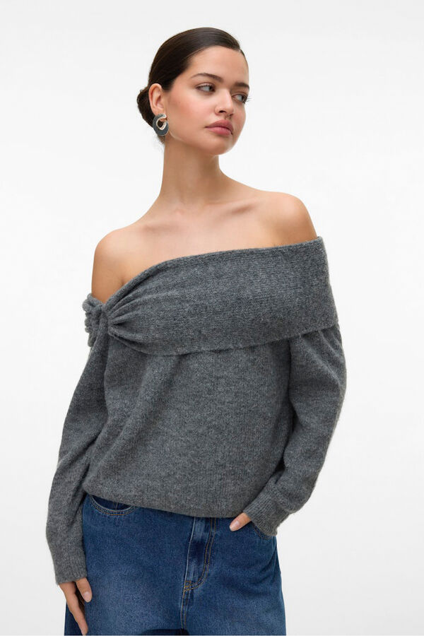 Vero Moda Camisola feminino de malha macia de malha manga Cinzento