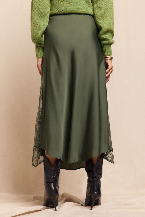 Slowlove Saia longa de cetim com renda Verde
