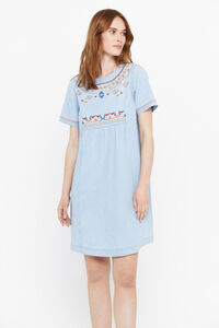 Cortefiel Embroidered denim short-sleeved dress. Blue