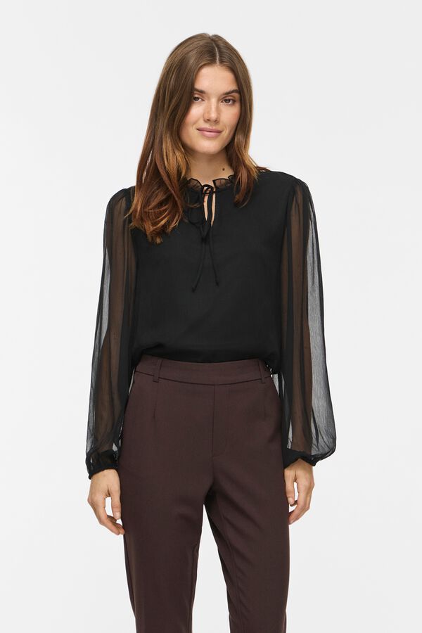 Vila Blusa semitransparente com gola franzida Preto