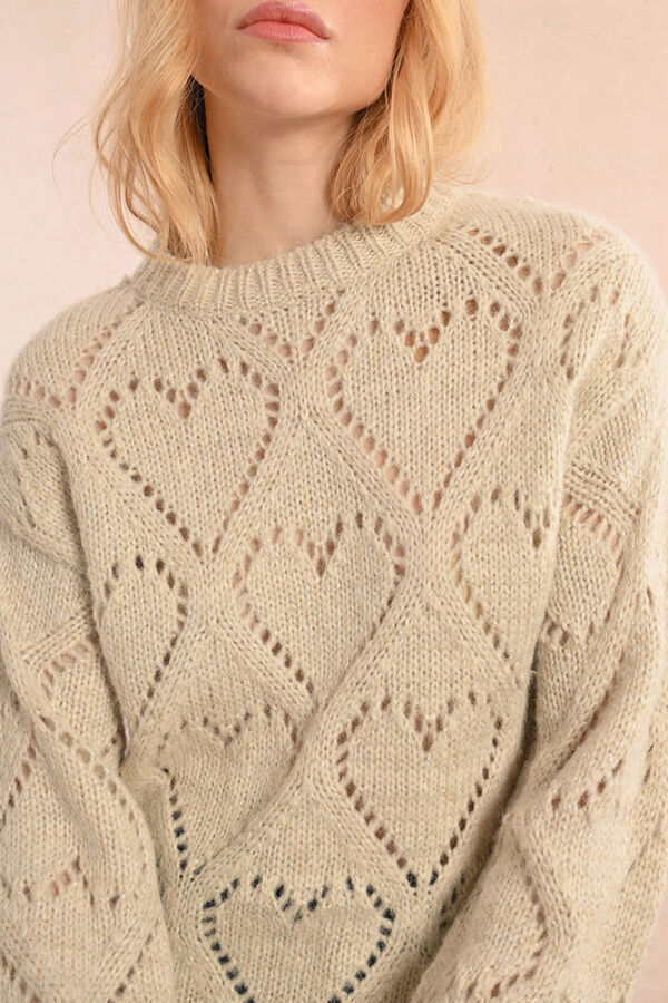 Cortefiel Women's long sleeve sweater in jersey-knit with hearts Ivory