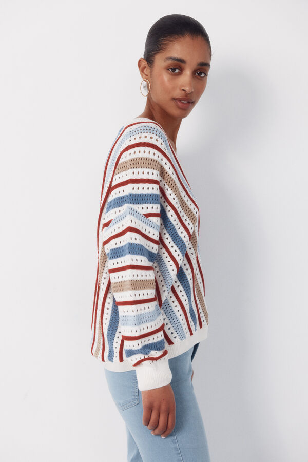 Cortefiel Striped openwork jumper Printed white