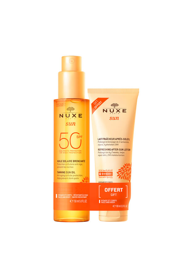 Cortefiel Nuxe Sun Tanning Oil Face and Body SPF 50 + Refreshing After Sun Lotion 100 ml AS A GIFT Orange