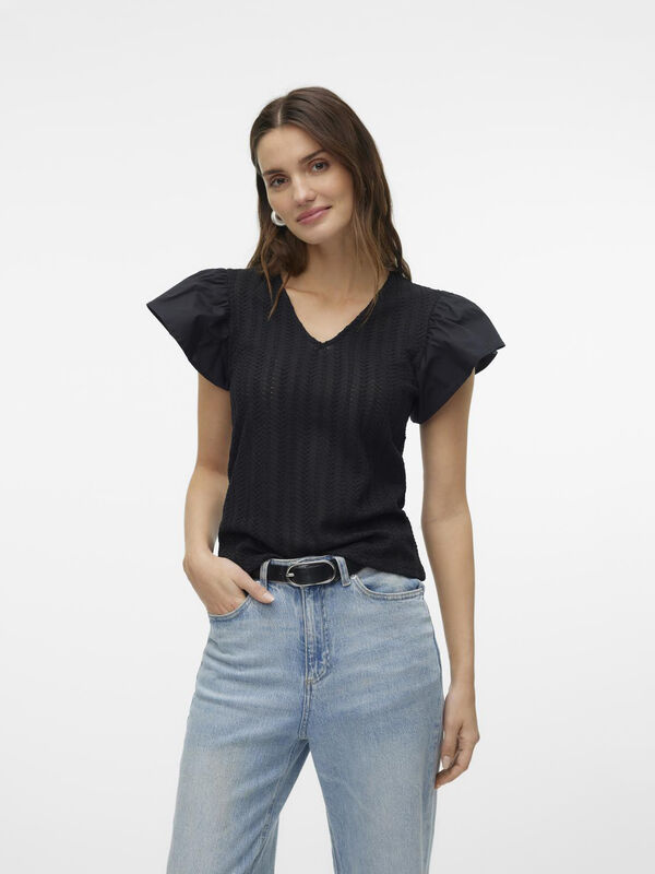 Cortefiel Jersey-knit top with voluminous sleeves Black